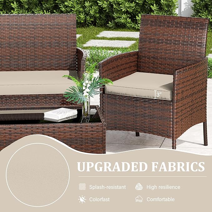 3 Pack Outdoor Replacement Cushions, Fit for 4-Seater Wicker Rattan Patio Conversation Set, 36x18x3,18x18x3, Liner & Cover