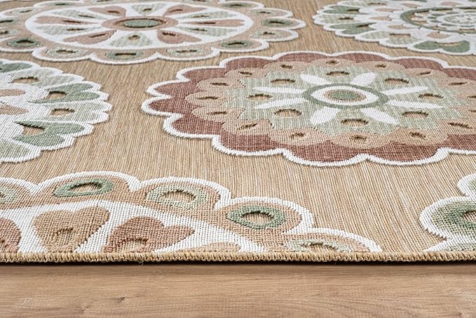 Outdoor Rug 6x9 Washable Area Rugs Indoor Outdoor Carpets Beige Bohemian Medallion Non Shedding Waterproof Easy Clean Patio Deck Porch Living Room Bedroom Garden RV (6 X 9 Beige)