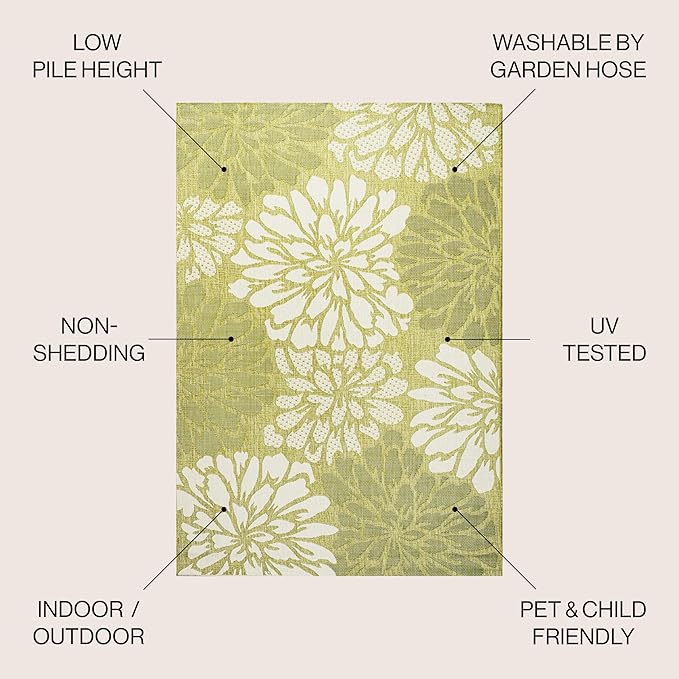 JONATHAN Y Floral Textured Weave Indoor Outdoor Square Area Rug 5X5 Green/Cream, Zinnia Modern for Backyard, Patio, Porch, Easy-Cleaning, High Traffic, Pet-Friendly, Non-Shedding (SMB110H-5SQ)