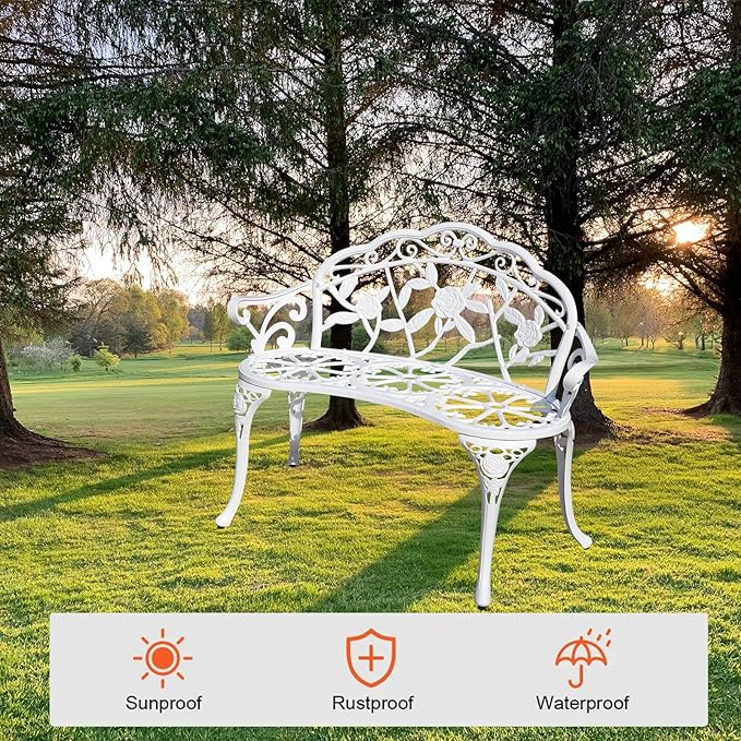 Cast Aluminium Outdoor Bench, Rose Garden Bench for Patio,Park,Lawn,Yard (White)