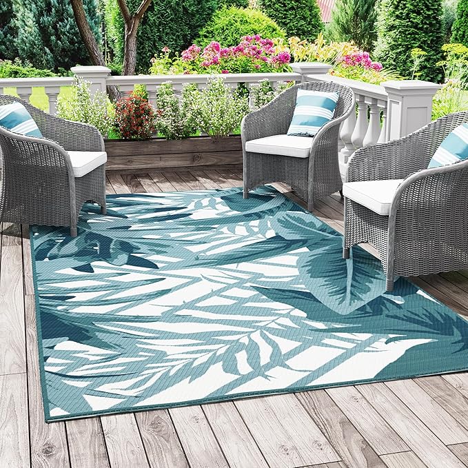 Onelike 9x18' Outdoor Plastic Straw Rug Patio Rug Waterproof Design Non-Slip & Easy to Clean Perfect for Garden, Porch, Balcony, Camping, RV Trip, Deck, Green&White