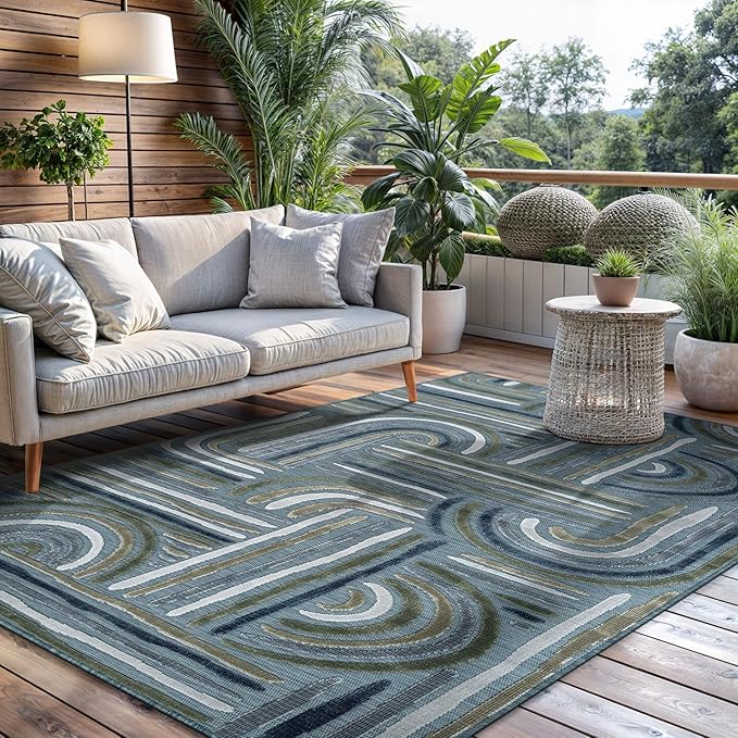 CAMILSON Indoor Outdoor Rug, Aqua 9x12 Geometric Arch Striped Large Area Rugs for Patio and Home Areas, Easy-Cleaning Non-Shedding Living Room, Garden and Deck Washable Outside Carpet (9 x 12)
