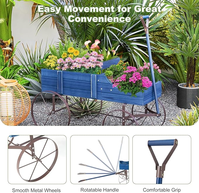 Wooden Wagon Planter, Decorative Garden Wheelbarrow Planter with 2 Planting Sections, Rolling Wheels, Adjustable Handle, Small Wagon Cart Planter Stand for Flowers Vegetables Herbs (Blue)