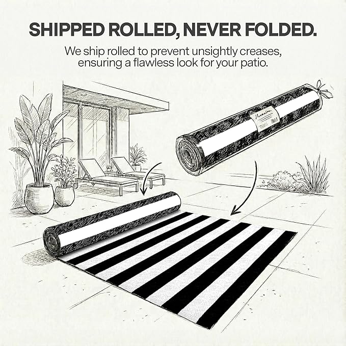 FH Home Outdoor Rug - Waterproof, Fade Resistant, Reversible - Premium Recycled Plastic - Striped - Large Patio, Deck, Sunroom, Camping, RV - Brittany Stripe - Black & White Crease Free - 6 x 9 ft