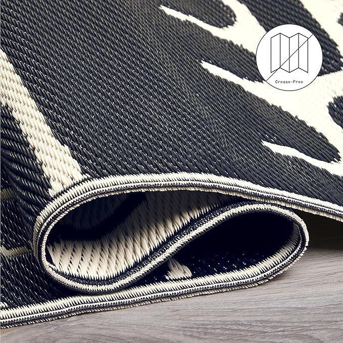 Fab Habitat Outdoor Rug - Waterproof, Fade Resistant, Crease-Free - Premium Recycled Plastic - Tribal, Black & White - Large Patio, Deck, Sunroom, Camping, RV - Serowe - Black - 6 x 9 ft