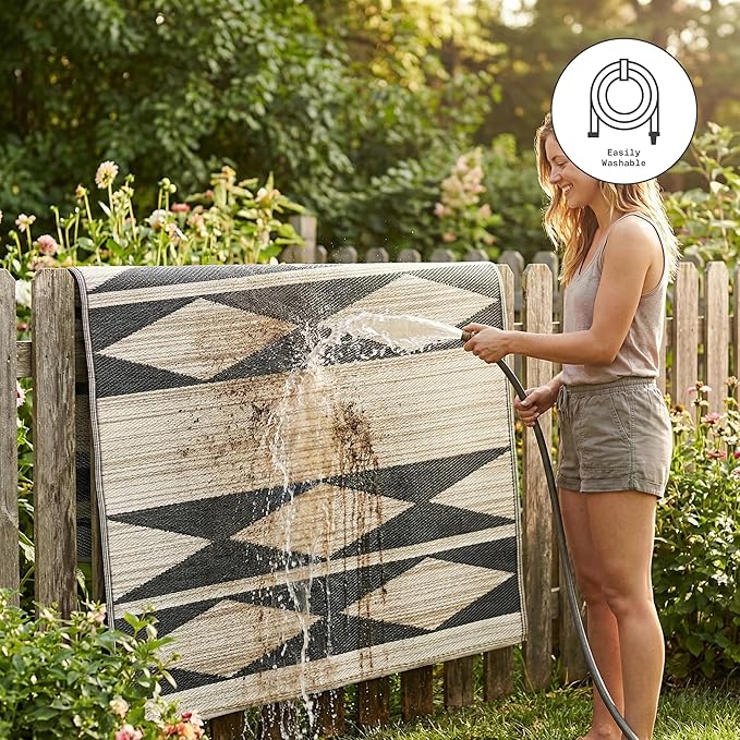 Fab Habitat Geometric Neutral Tribal Outdoor Rug - Waterproof, Fade Resistant, Crease-Free, Reversible - Premium Recycled Plastic - Patio Porch Balcony Deck - Cairo NaturalBlack - 8x10 ft