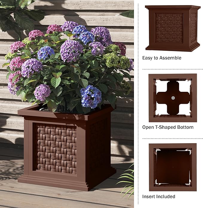 Rattan Style Outdoor Planter Box - 14.65-Inch-Square Decorative Flower or Plant Pot - Garden, Patio and Front Porch Decor by Pure Garden (Brown)
