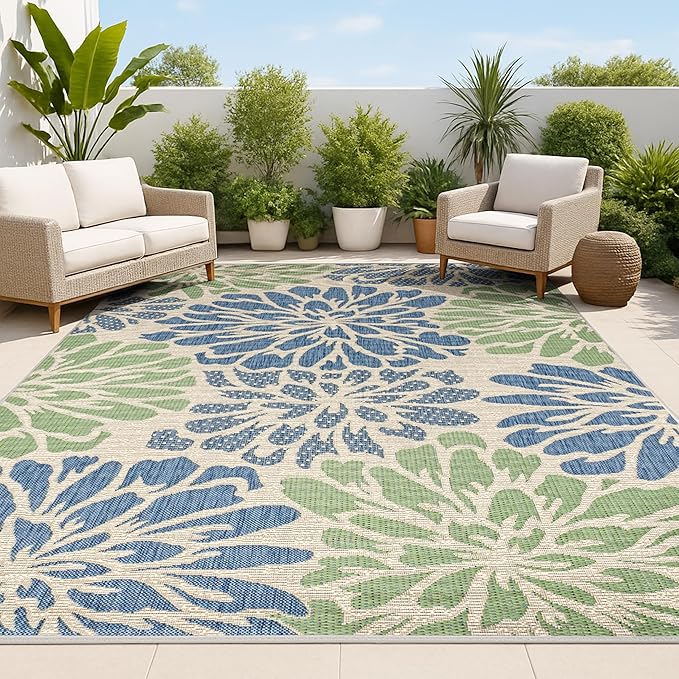 JONATHAN Y Floral Textured Weave Indoor Outdoor Area Rug 5X8 Navy/Green, Zinnia Modern for Backyard, Patio, Porch, Easy-Cleaning, High Traffic, Pet-Friendly, Non-Shedding (SMB110B-5)