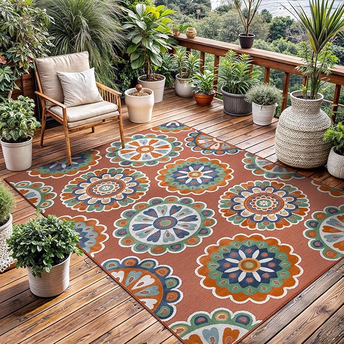 Outdoor Rug 5x7 Washable Area Rugs Indoor Outdoor Carpets Orange Bohemian Medallion Non Shedding Waterproof Easy Clean Patio Deck Porch Living Room Bedroom Garden RV (5 X 7 Orange)