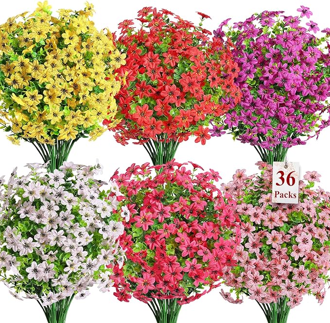 SHareconn 36 Bundles Artificial Flowers for Outdoors Spring Decoration, Fake Silk Realistic Faux Plants UV Resistant for Outside Planter Porch Patio Summer Indoor Decor, RedRosePurpleYellowPinkWhite