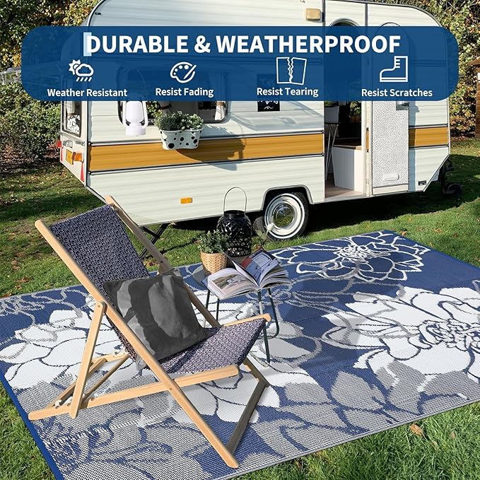 COZYLOOM Outdoor Plastic Straw Rug 9x12 UV Resistant Waterproof Patio Rug, Reversible RV Camping Mat with Portable Bag & 4 Stakes, Modern Floral Indoor Outdoor Rugs for Balcony Deck Yard, Navy&White