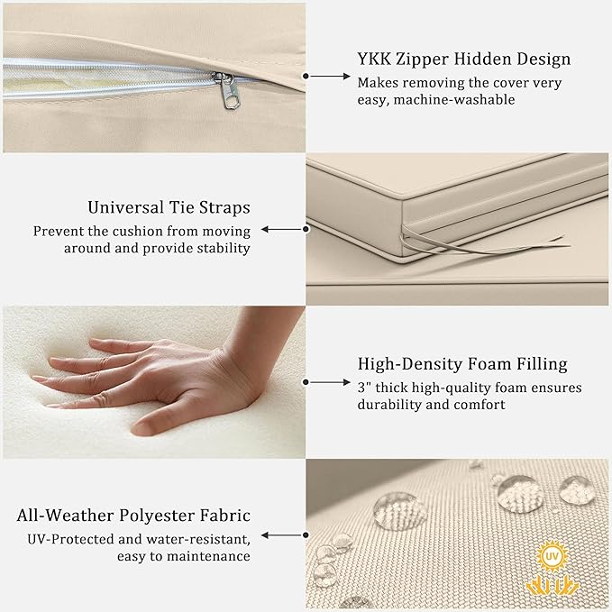 3 Pack Outdoor Replacement Cushions,36L x 18W x 3H,18L x 18W x 3H inch, High-Elastic Replacement Sponge for 4-Seater Water-Resistant Patio/Sofa with Removable Covers (Cream)