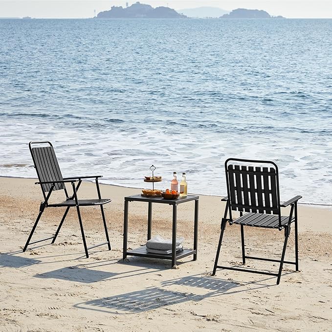 Yaheetech Folding Patio Chair Set of 2, Outdoor Dining Chair with Armrests, Plastic Patio Chair for Porch, Deck, Garden, Backyard, No Assembly Black