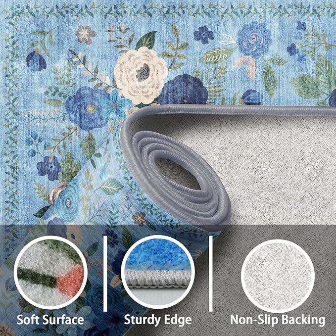 Rug for Hallways Kitchen Rug 2x8, Non Slip Washable Rugs with Rubber Backing Soft Floral Carpet Runner for Hallways, Kitchen, Laundry, Bedroom, Bathroom (2 x 8, Blue Lawn)
