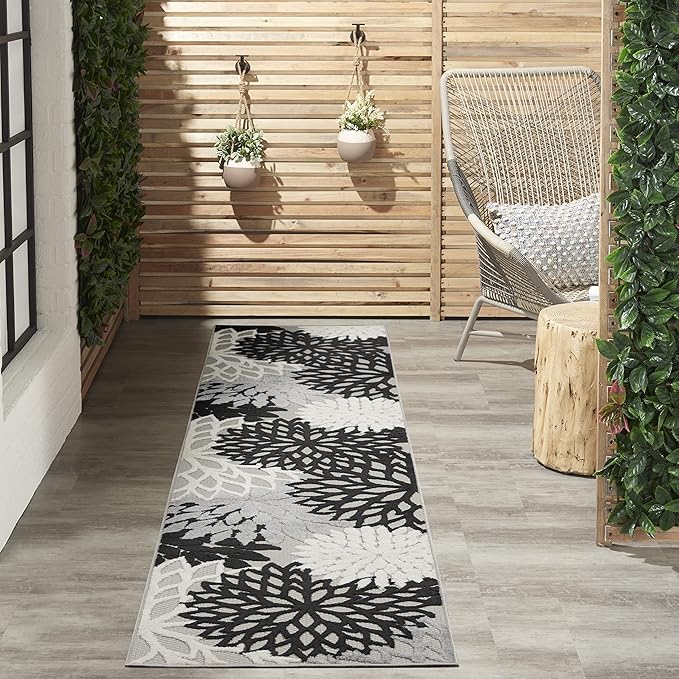 Nourison Home Aloha Indoor/Outdoor Black White 2'3" x 12' Area Rug, Tropical, Botanical, Easy Cleaning, Non Shedding, Bed Room, Living Room, Dining Room, Deck, Backyard, Patio (2x12)
