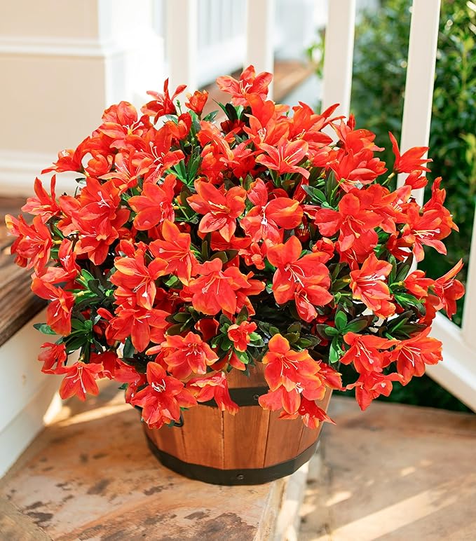 INSPRING Artificial Flowers Plants for Outdoors Spring Summer Decoration, 3 Bundles Faux Silk Azalea Flowers UV Resistant Flower Look Real for Outdoor Planters Porch Patio Garden Walkways Home, Orange