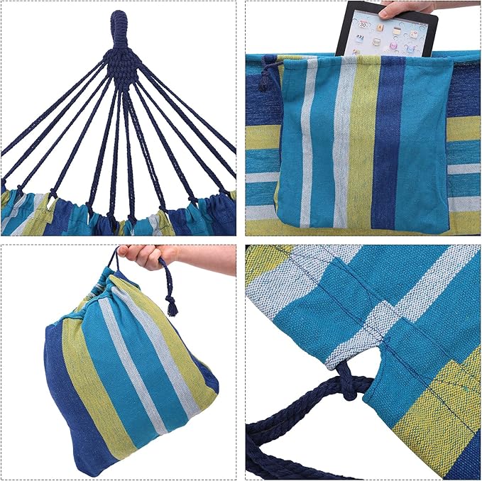 SONGMICS Double Hammock, 98.4 x 59.1 Inches, 660 lb Load Capacity, with Hanging Straps, Carabiners, Carry Bag, for Garden, Outdoor, Camping, Blue and Yellow Stripes UGDC15YU