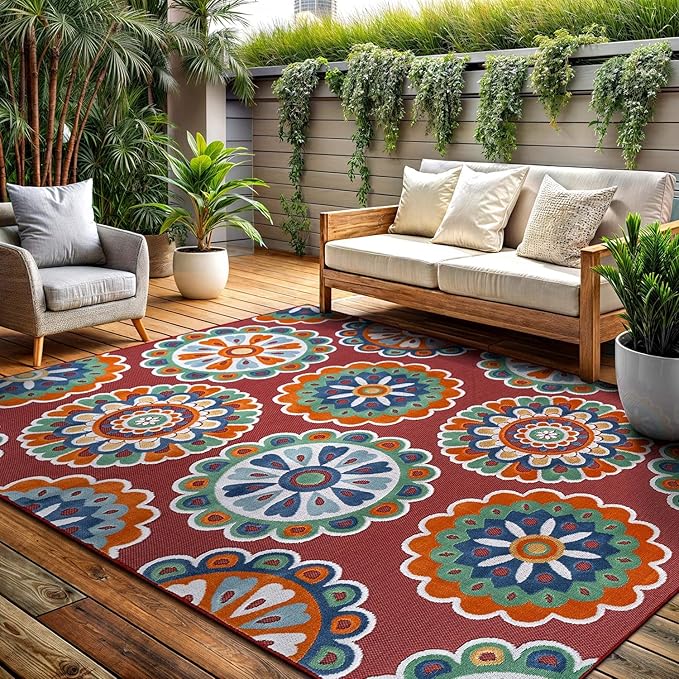 Outdoor Rug 8x10 Washable Area Rugs Indoor Outdoor Carpets Red Bohemian Medallion Non Shedding Waterproof Easy Clean Patio Deck Porch Living Room Bedroom Garden RV (8 X 10 Red)