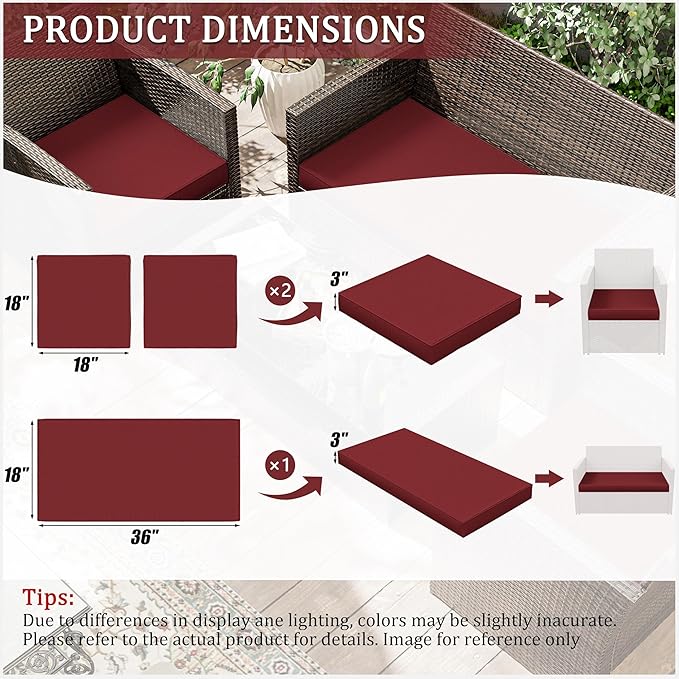 3 Pack Outdoor Replacement Cushions,36L x 18W x 3H,18L x 18W x 3H inch, High-Elastic Replacement Sponge for 4-Seater Water-Resistant Patio/Sofa with Removable Covers (Burgundy)