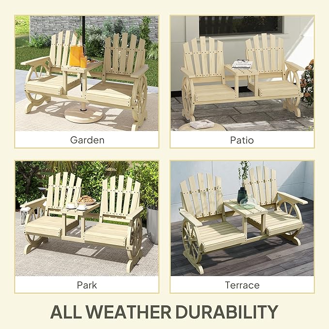 Outsunny Wooden Garden Bench with Table, Umbrella Hole, 2-Seat Wagon Wheel Outdoor Bench with Slatted Seat, High Backrest, Armrests for Backyard, Patio, Garden, Natural Wood