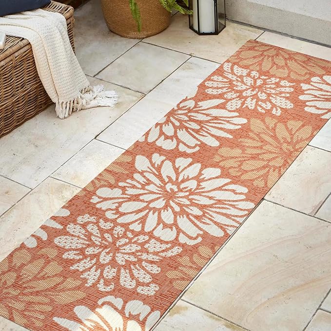 JONATHAN Y Floral Textured Weave Indoor Outdoor Runner Rug 2X8 Orange/Cream, Zinnia Modern for Backyard, Patio, Porch, Easy-Cleaning, High Traffic, Pet-Friendly, Non-Shedding (SMB110E-28)