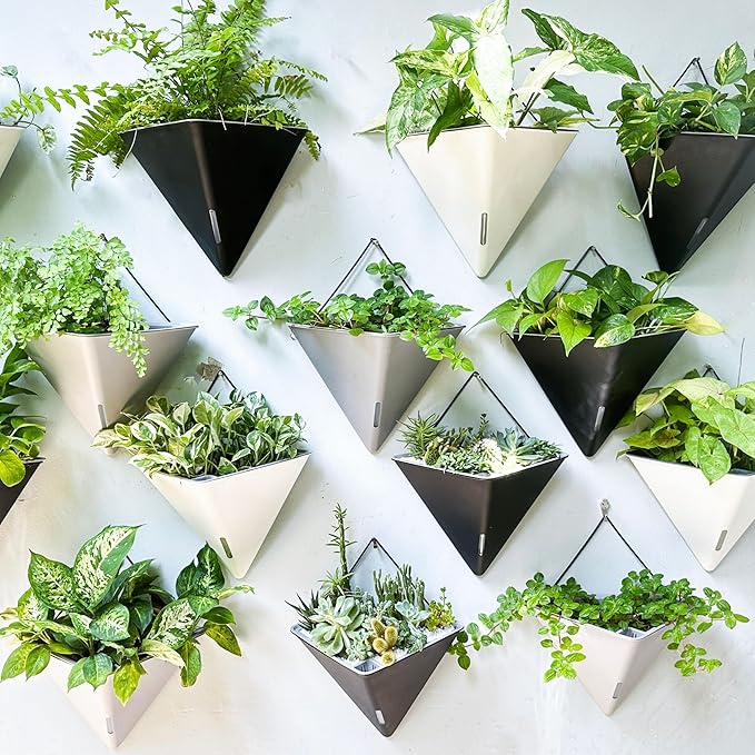 LaLaGreen Wall Planters for Indoor Plants - 4 Pack, 12 Inch Large Self Watering Black Geometric Hanging Flower Vase Vessel with Metal Hanger, Modern Stylish Wall Mounted Succulent Pot Holder Decor