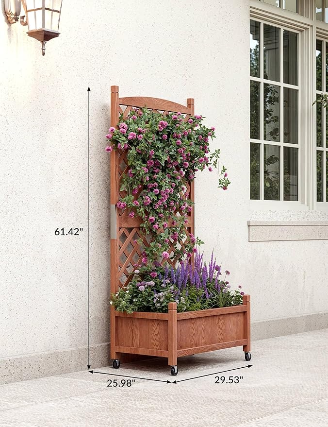 1-Pack Tall Wood Planter Box with Trellis, 29.5" h Vertical Garden on Wheels with Drainage Holes, for Climbing Plants, Herbs, Flowers in Patio & Balcony