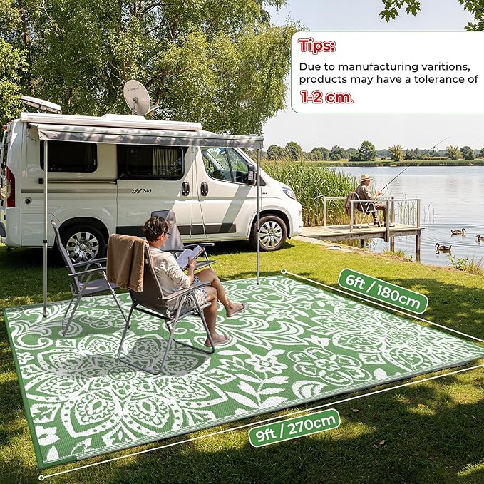 Findosom Waterproof Outdoor Rug 6' x 9' - Reversible Mandala Outdoor Plastic Straw Rug, Durable Foldable Patio Rug for RV, Deck, Balcony, Backyard, Picnic, Porch, Camping, Beach, Green
