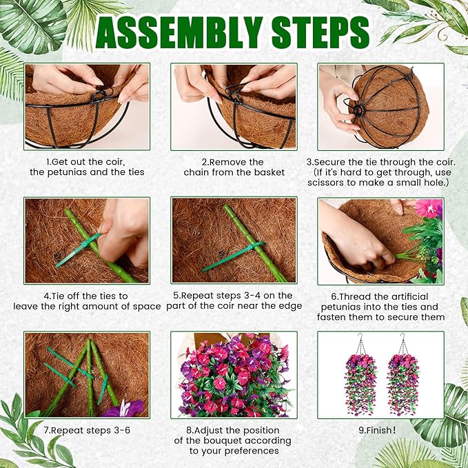 Hotop 2 Set Artificial Hanging Flower Basket and 6 Pcs Bougainvillea Silk Vine Flower for Outdoor Indoor UV Resistant Faux Hanging Plant Coconut Lining Planter Pot(Purple, Rose Red)