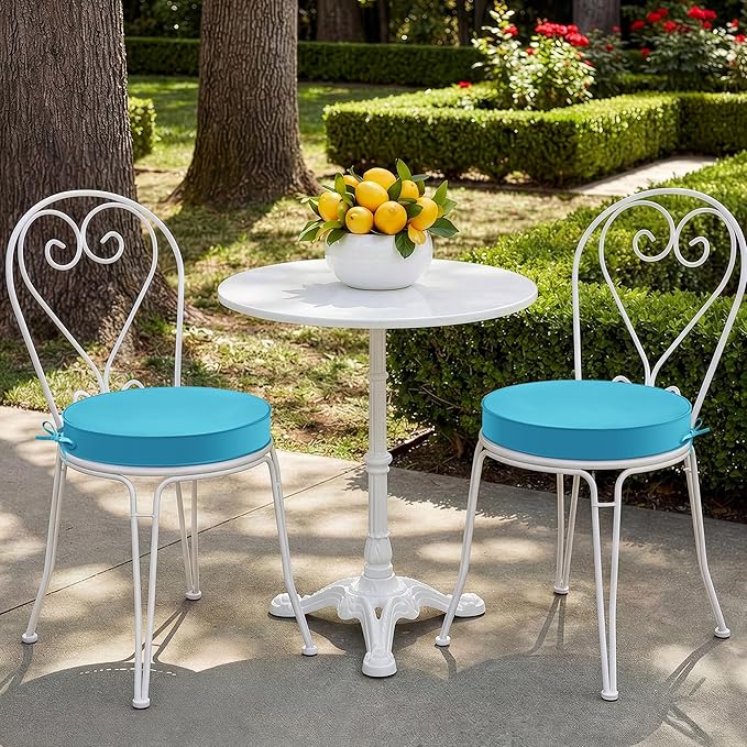 Outdoor Bistro Chair Cushions Set of 2, 15" D x 3" H Round Chair Cushions Waterproof and Fade Resistant Chair Cushion Pads with Non-Slip Ties and Removable Covers for Garden, Teal