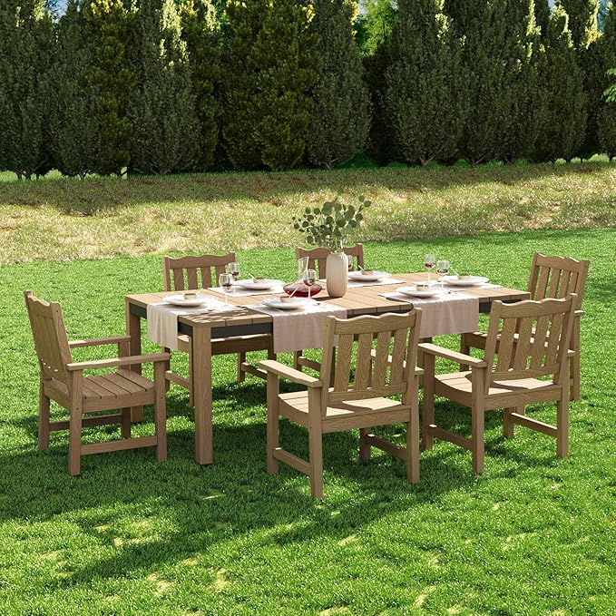 Stoog 7-Piece All-Weather Patio Dining Set, HIPS & Aluminum Outdoor Table with Umbrella Hole, 6 Waterproof Chairs, Fade & Rust Resistant, for Backyard, Garden, Deck, Teak
