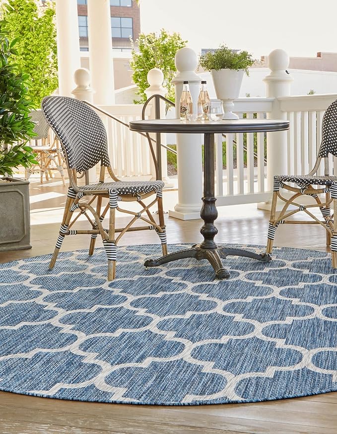 Unique Loom Trellis Collection Area Rug-Lattice Design, Moroccan Inspired for Indoor/Outdoor Décor, 5' 0" x 5' 0" Round, Navy Blue/Gray