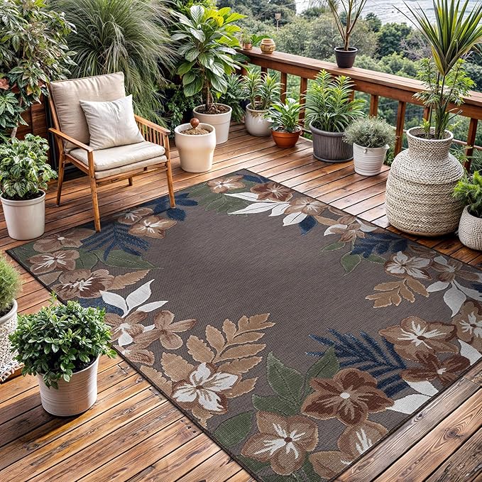 Outdoor Rug 6x9 Washable Area Rugs Indoor Outdoor Carpets Brown Border Floral Non Shedding Waterproof Easy Clean Patio Deck Porch Living Room Bedroom Garden RV (6 X 9 Brown)