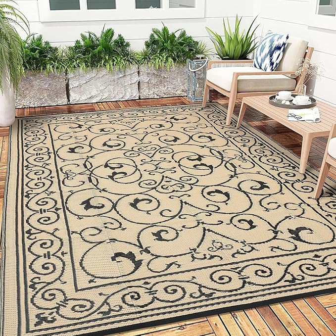 MilleLoomi Waterproof Plastic Straw Outdoor Rug 9x18 Patio Reversible UV Resistant Foldable Camping Carpet Vintage Large Outdoor Rugs for Deck, Picnic, Porch, Camper, Balcony, Beach，Black Beige