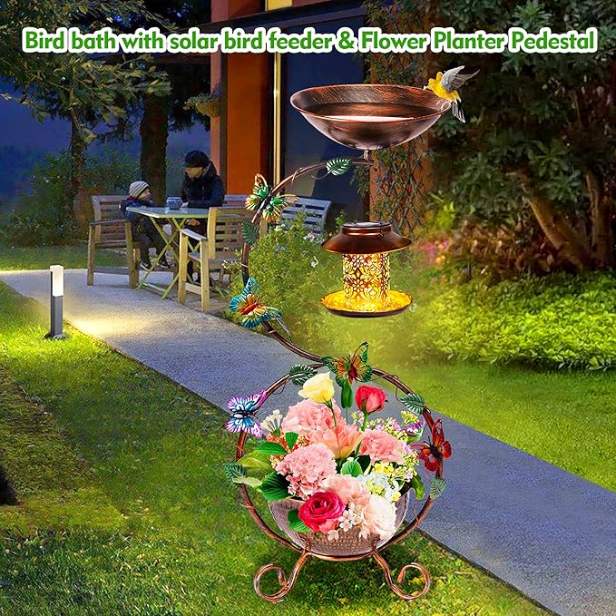 37.8" Bird Bath and Solar Bird Feeders Combo with Flower Planter Pedestal, Metal Bird Baths for Outdoors, Decorative Birdbath with Butterfly for Outside Garden Yard, Weather Resistant