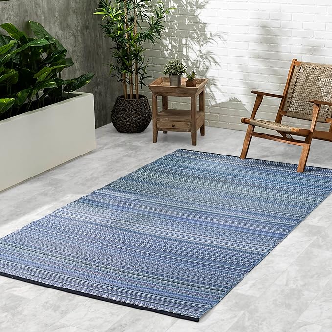 Fab Habitat Outdoor Rug - Waterproof, Fade Resistant, Crease-Free - Premium Recycled Plastic - Striped - Large Patio, Deck, Sunroom, Camping, RV - Cancun - Indigo - 6 x 9 ft