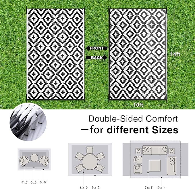 OLANLY Waterproof Outdoor Rug 10x14 ft, Outdoor Plastic Straw Rug for Camping, RV Mat Outside, Indoor Outdoor Carpet for Porch, Deck, Backyard, Balcony, Picnic, Black & White