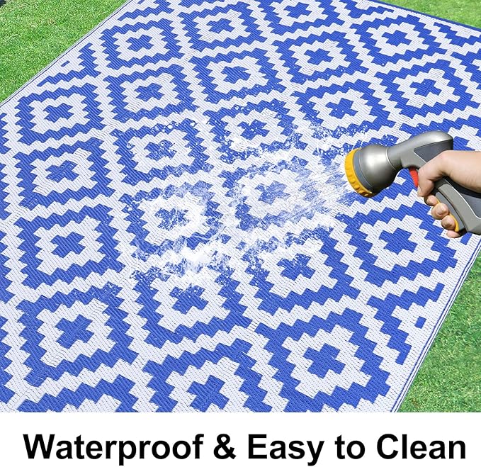 Smiry Waterproof Outdoor Rug 5x8 ft, Reversible Plastic Straw Patio Camping Rugs, Outdoor Indoor RV Mat Carpet for Patio, Outside Entry, Backyard, Deck, Bench, Picnic, Camper, White & Blue