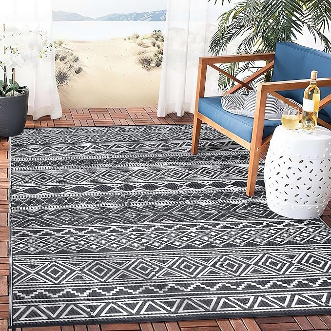GarveeLife Outdoor Plastic Straw Rug 9x12 Waterproof UV Resistant Patio Rug Lightweight Floor Mat for Camping, Picnic, Backyard, RV, Beach, Picnic, Grey & White