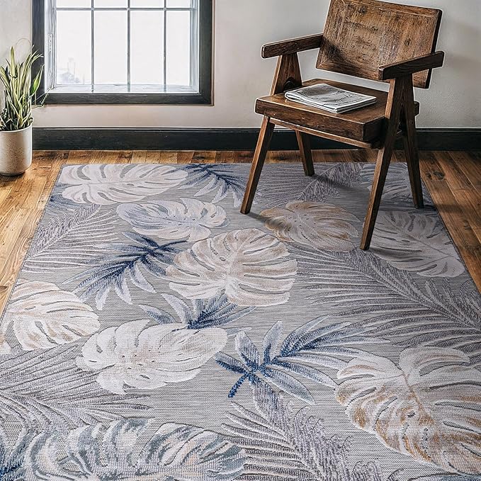 CAMILSON Indoor Outdoor Rug, Blue 4x6 Leaf Tropical Botanical Area Rugs for Indoor and Outdoor patios, Easy-Cleaning Non-Shedding Living Room, Garden and Kitchen Washable Outside Carpet (4 x 6)