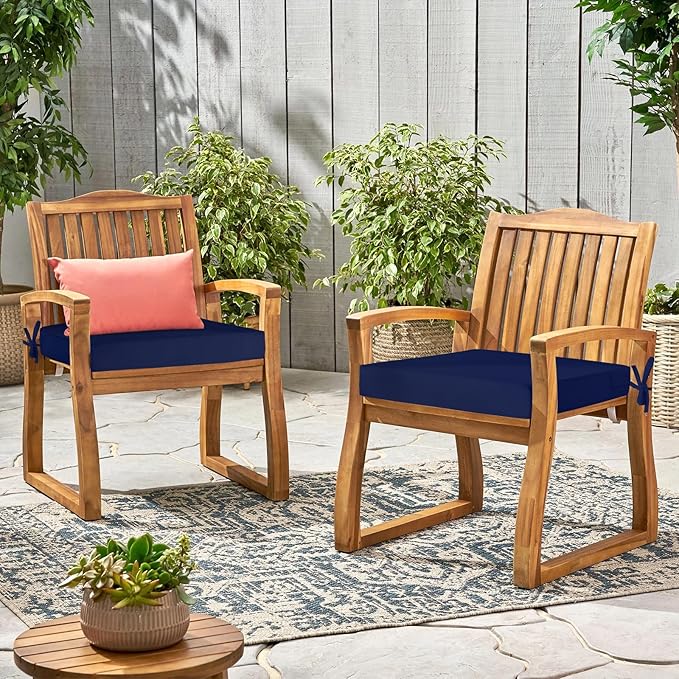 Waterproof Outdoor Chair Cushions Set of 2, Square Outdoor Seat Cushions with Ties and Removable Covers, 24 x 24 Outdoor Cushions for Patio Furniture with Portable Handle(Navy)