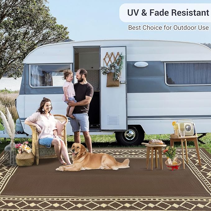 Garvee Outdoor Rug 9x12 Waterproof for Patio Clearance, Large Plastic Straw Mat for Camping, Porch, RV, Reversible Rugs for Deck Entryance Picnic Balcony Beach (Brown/Coffee)