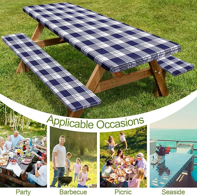 Picnic Table Cover with Bench Covers Camping Essentials Waterproof Windproof Camping Tablecloth with Drawstring Bag, Fitted Rectangle Tables and Seats, 60in, Blue Checkered