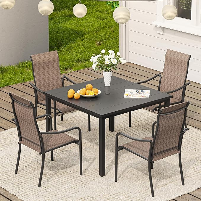 VICLLAX Patio Stackable Dining Chairs Set of 2, Outdoor Sling Chairs with Breathable Fabric and High Back for Balcony Porch Backyard, Brown