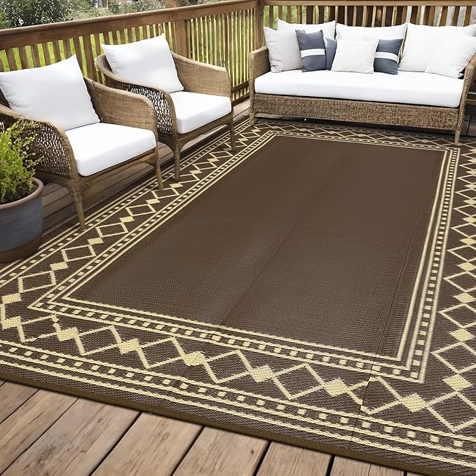 Garvee Outdoor Rug 10x14 for Patios Clearance,Waterproof Mat,Large Outside Carpet,Reversible Plastic Straw Camping Rugs,Porch,Deck,Balcony,Backyard,Brown/Coffee