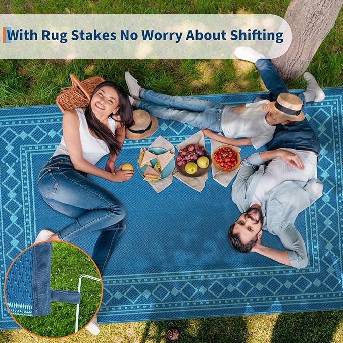 Garvee Outdoor Rug 8x10, Patio Rug Waterproof Plastic Straw Waterproof Reversible Patio Mat, Plastic Straw Rug for RV, Camping, Deck, Balcony, Easy Clean & Portable,Green/Blue