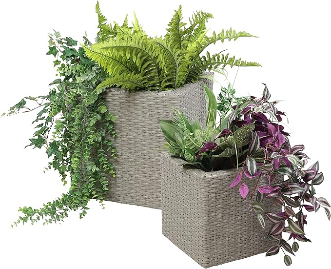 Sunnydaze Polyrattan Square Indoor Planters Set - Includes 14-Inch and 11-Inch Modern Decorative Planter - Features Attached Clear Polypropylene Liner - Gray
