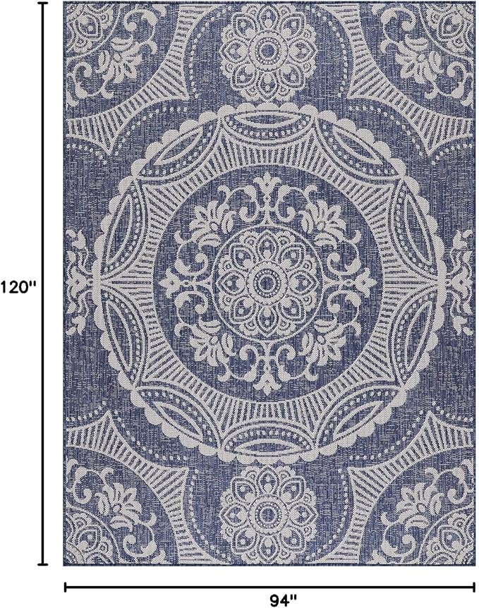 Medallion Outdoor Rug 8x10 Washable Outside Carpet for Indoor Patio Porch Waterproof Easy Cleaning Non Shedding Area Rugs Blue 8 x 10