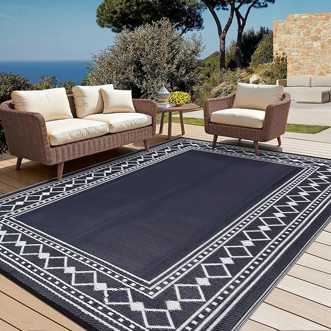 Large Outdoor Rug,9x12 Waterproof Modern Bordered Plastic Straw Carpet,Lightweight Outdoor Carpet,Easy Cleaning Folding Uv Resistant Picnic Camping Mat,Black and Blue/White