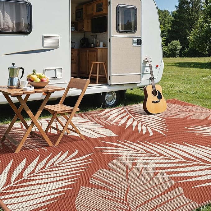GENIMO Outdoor Rug 10' x 14' Waterproof for Patios Clearance, Reversible Plastic Straw Camping Carpet, Large Area Rugs Mats for RV, Picnic, Backyard, Deck, Balcony, Porch, Beach, Brick&Red